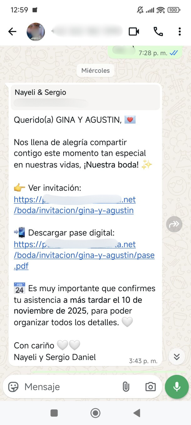 Ejemplo de mensaje de invitación por WhatsApp